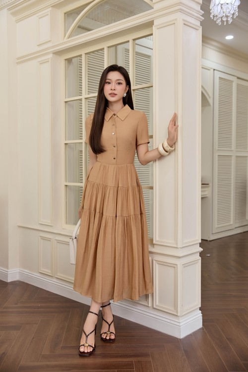 Sixdo Light Brown Organza Flared Dress