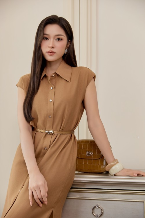 Sixdo Brown Organza Loose Dress With Belt