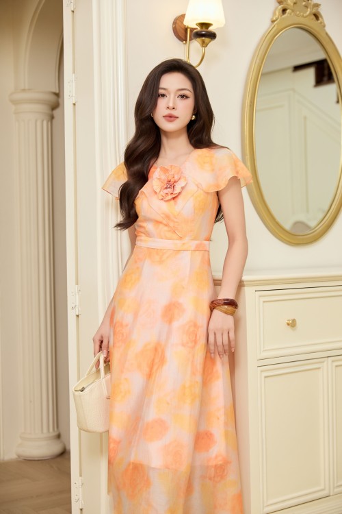 Sixdo Salmon 3D Flower Organza Flared Dress