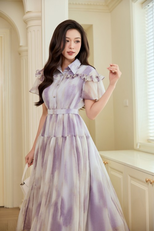 Sixdo White Purple Voile Flared Dress