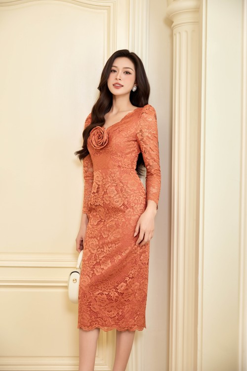 Sixdo Ochre Lace Pencil Dress With Flower