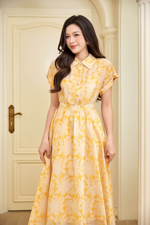 Sixdo Delicate Yellow Organza Flared Dress