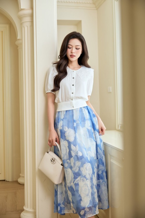 Sixdo Blue Voile Flared Skirt