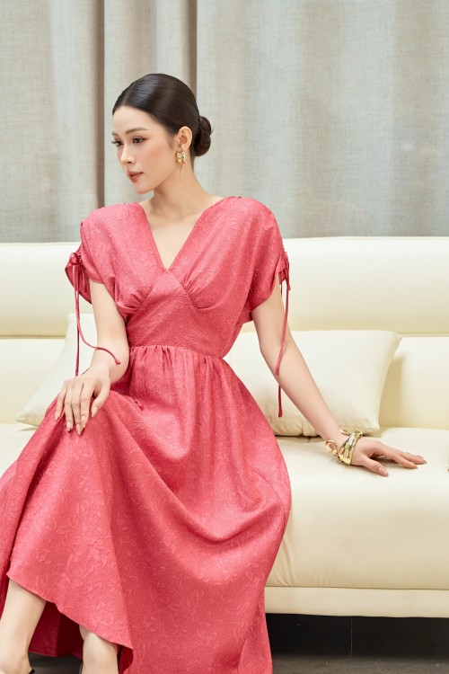 Sixdo Red Orange Brocade Flared Dress