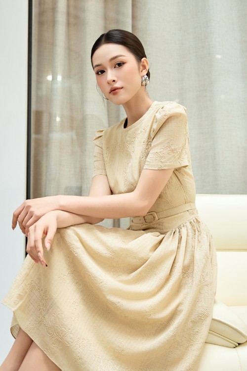Sixdo Dark Beige Organza Flared Dress