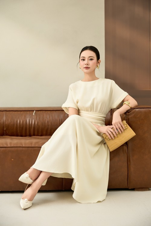 Sixdo Cream Woven Flared Dress
