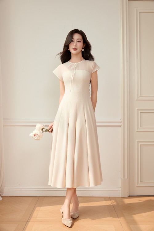 Sixdo Cream Woven Flared Dress