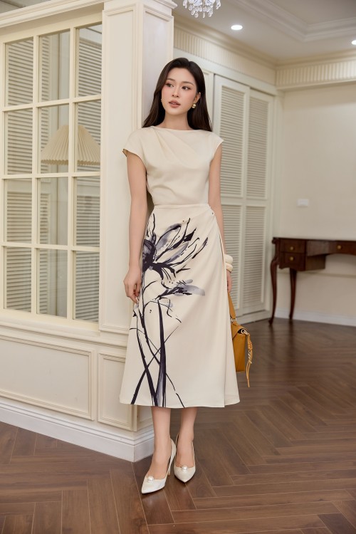 Cream Graphic Silk Flared Dress