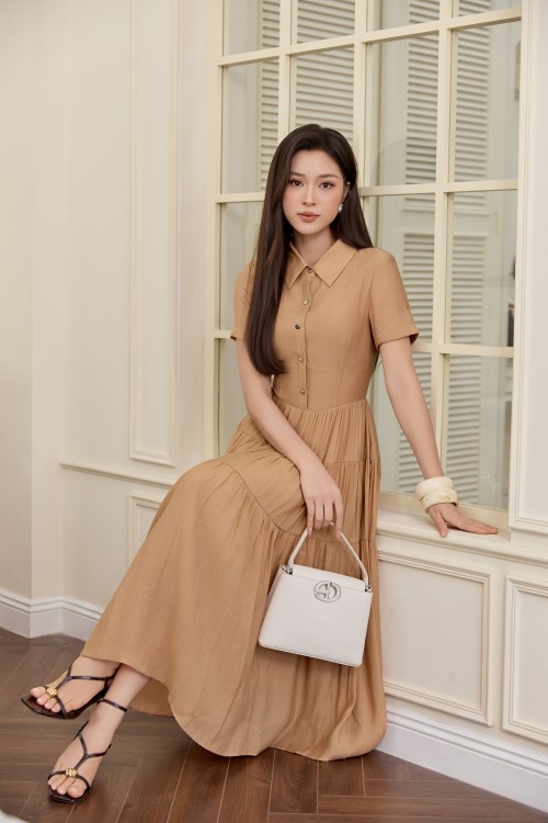 Light Brown Organza Flared Dress