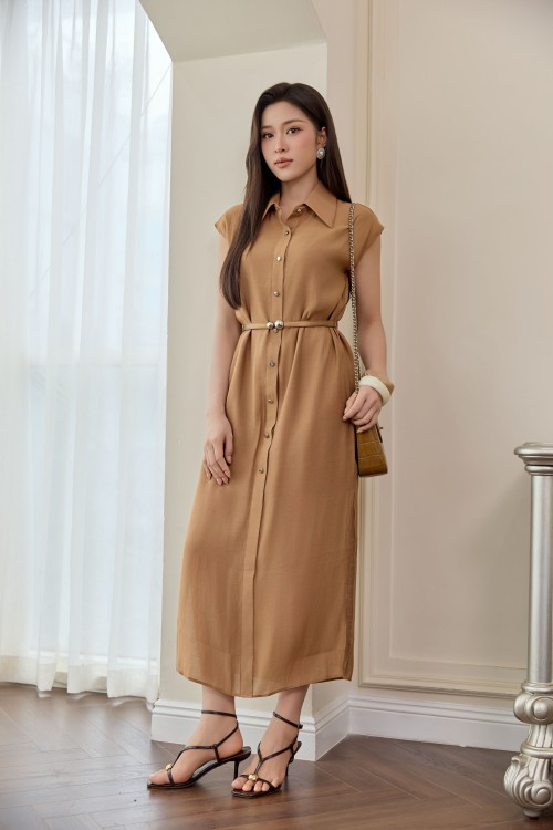 Brown Organza Loose Dress With Belt