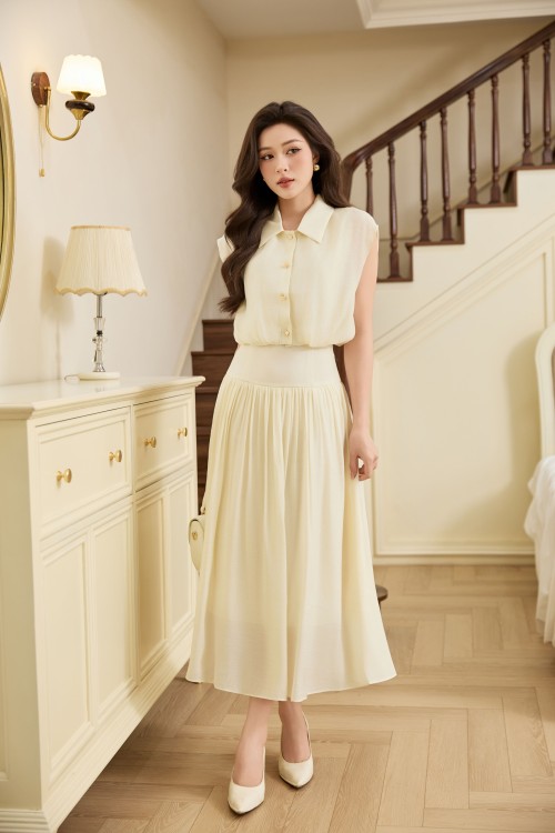 Cream Organza Flared Skirt