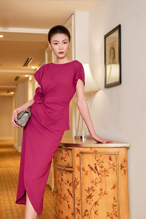 Dark Murrey Silk Sarong Dress With Flowe