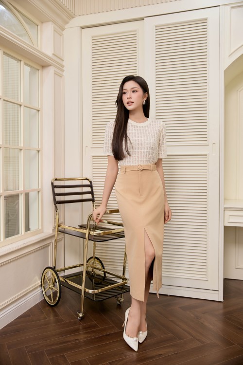 Beige Woven Pencil Skirt