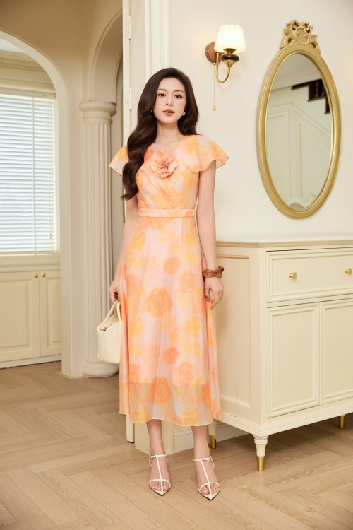 Salmon 3D Flower Organza Flared Dress