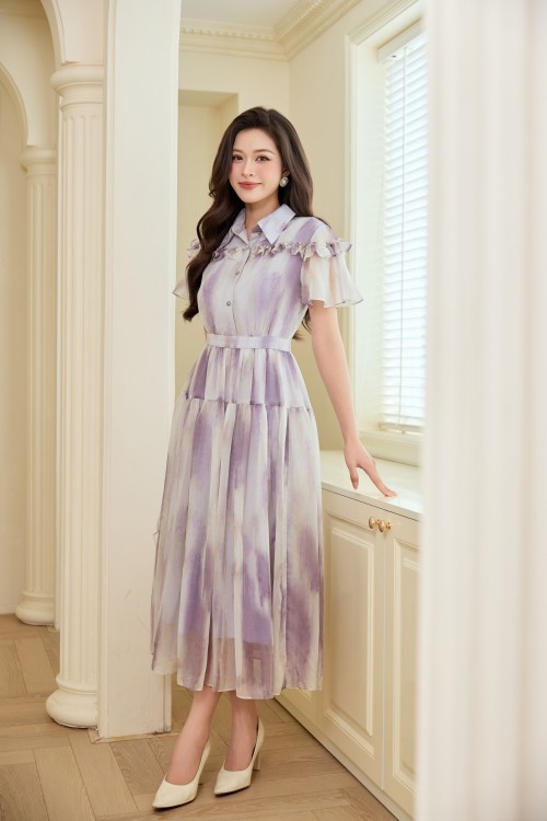 White Purple Voile Flared Dress
