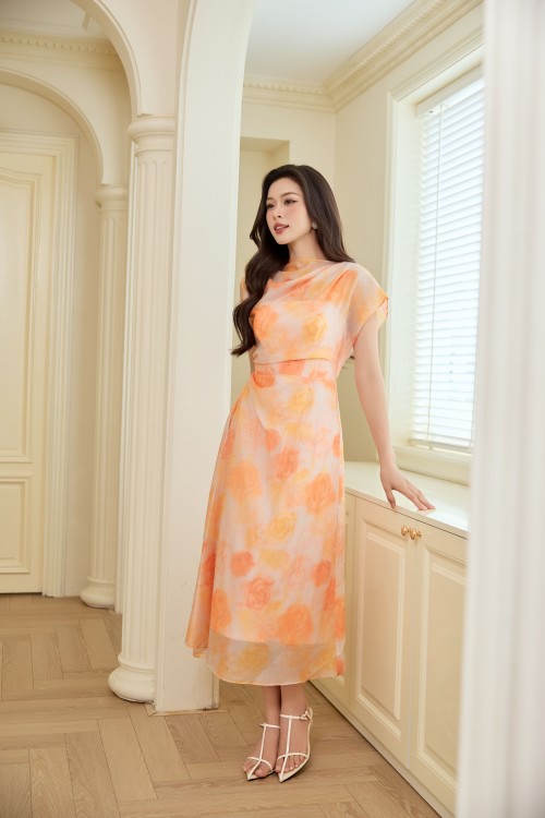 Salmon Organza Flared Dress