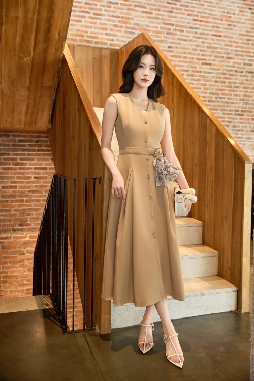 Brownish Beige Woven Flared Dress With Scarf