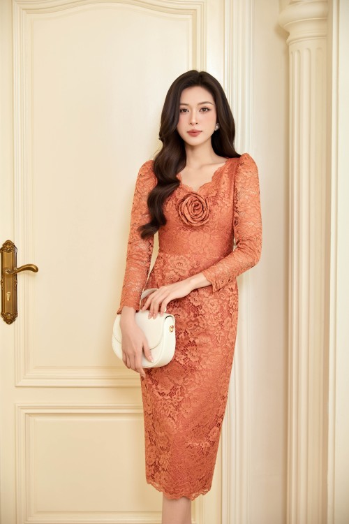 Ochre Lace Pencil Dress With Flower