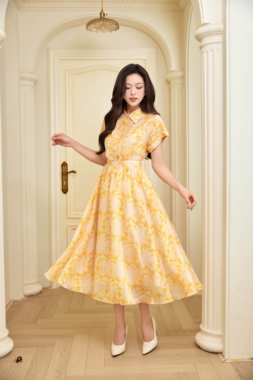 Delicate Yellow Organza Flared Dress