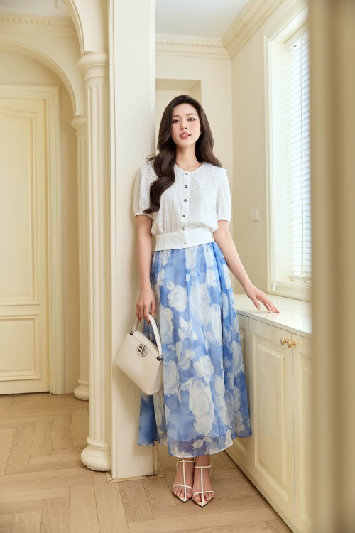 Blue Voile Flared Skirt