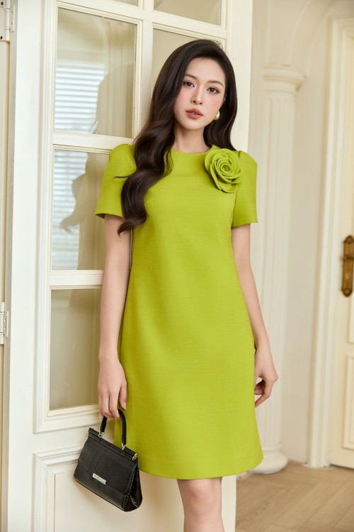 Chartreuse Woven Loose Dress With Flower