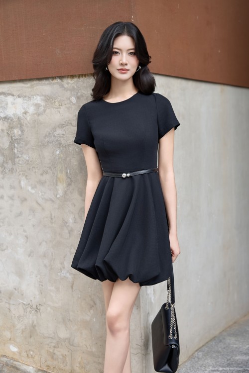Black Woven Flared Dress With Belt