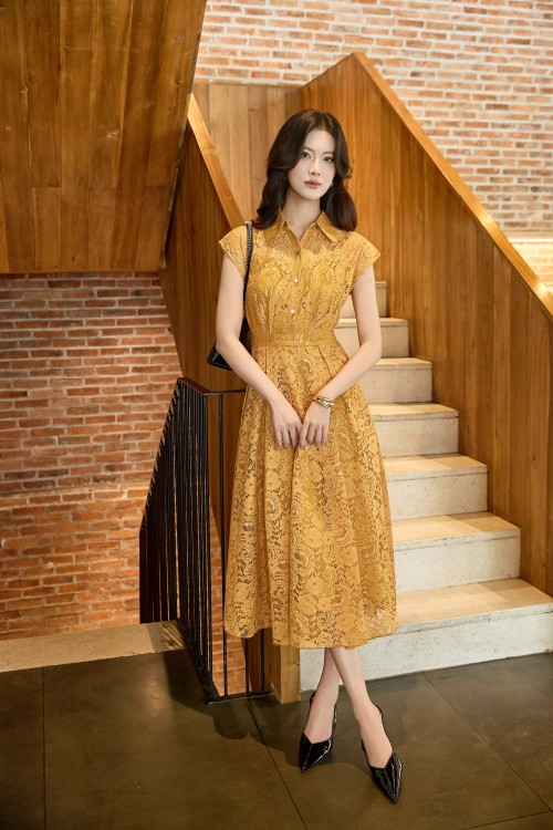 Yellow Lace Flared Dress