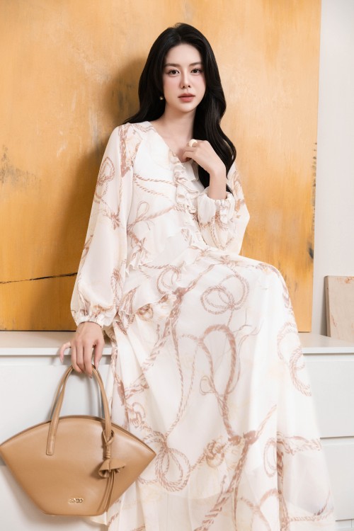 Printed White Voile Maxi Dress