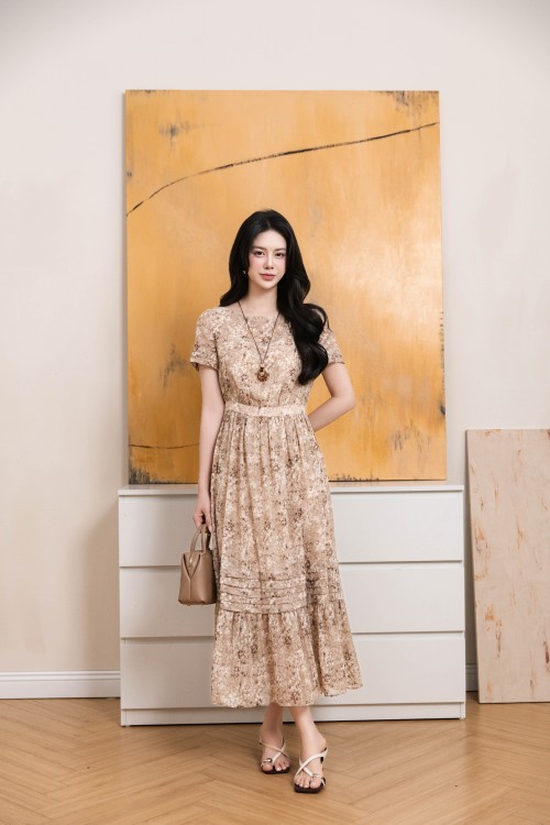 Light Brown Organza Flared Dress