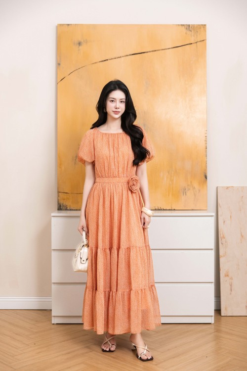 Orange Organza Flared Dress With Flower