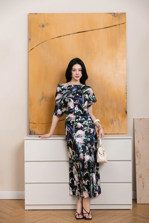 Black Floral Silk Sarong Dress