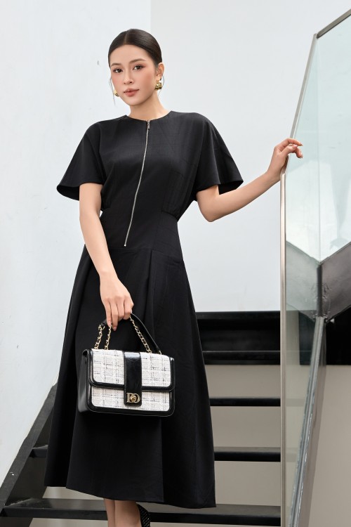 Black Woven Flared Dress