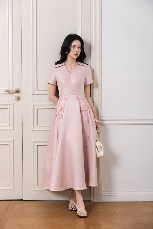 Pink 3D Flower Taffeta Flared Dress