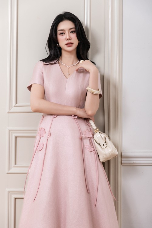 Pink 3D Flower Taffeta Flared Dress