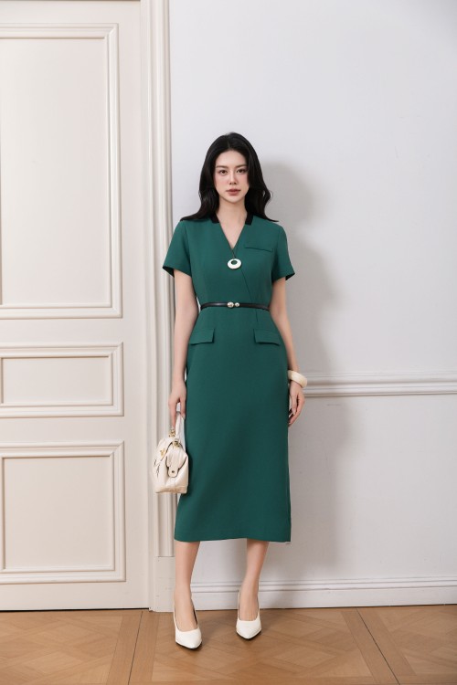 Green Woven Pencil Dress With Belt