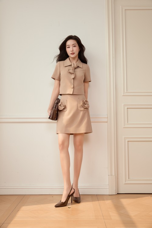 Brownish Beige 3D Flower Woven Mini Skirt
