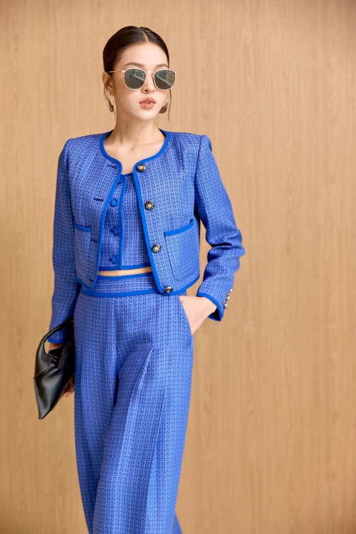 Dark Blue Cropped Woven Tweed Vest