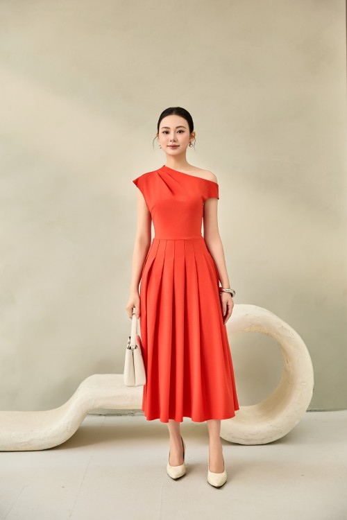 Red Orange Woven Flared Dress