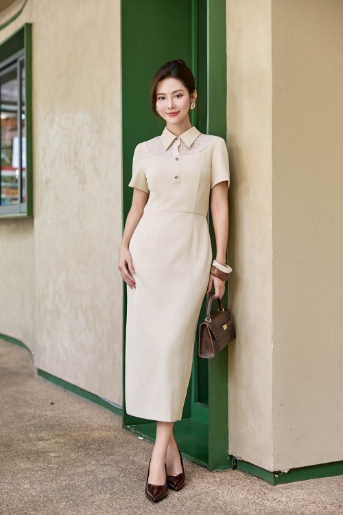 Beige Silk Pencil Dress