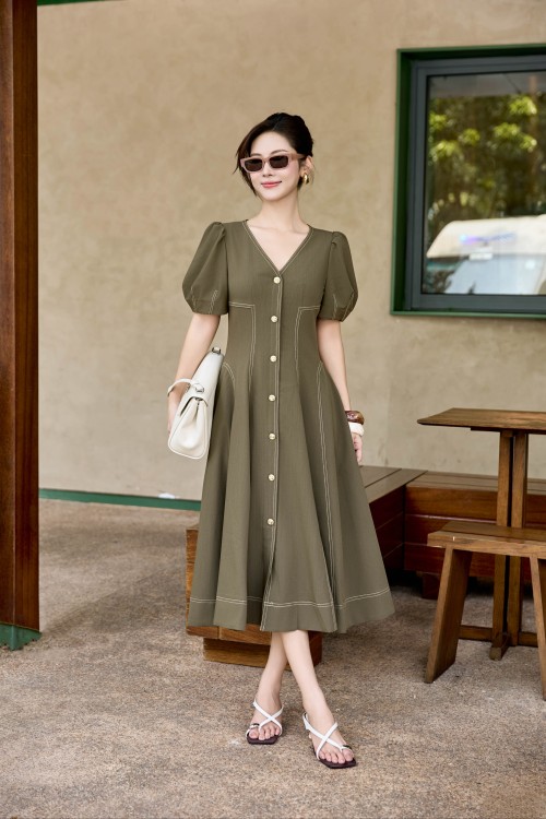 Olive Woven Flared Dress