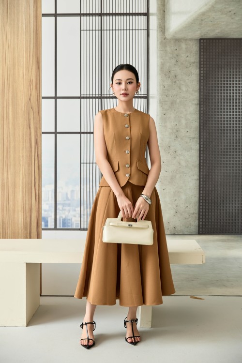 Brown Woven Flared Skirt