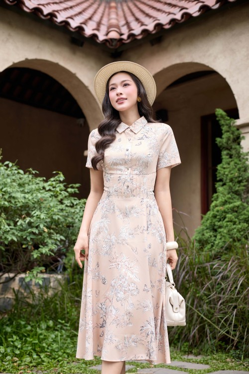 Beige Graphic Silk Flared Dress