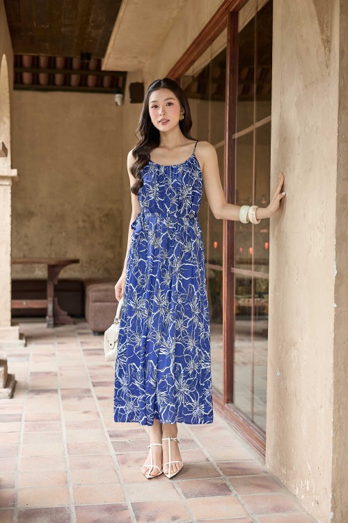 Dark Blue Floral Silk Sleeveless Dress
