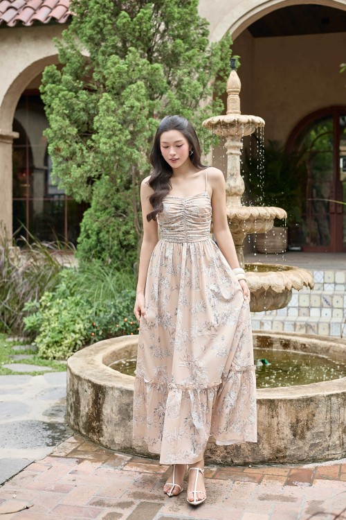 Beige Graphic Silk Sleeveless Dress