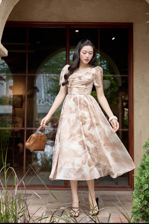 Brownish Beige Organza Flared Dress