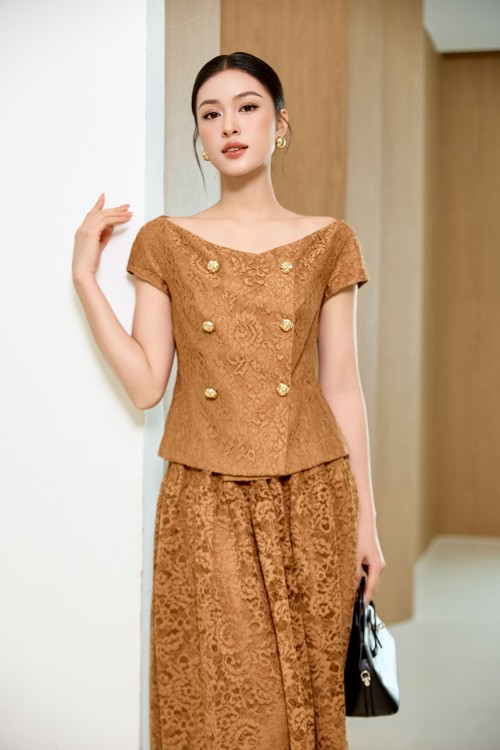 Brown Lace Flared Skirt