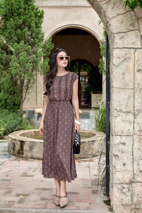 Dark Brown Chiffon Flared Dress