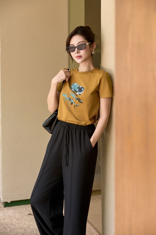 Yellowish-brown Floral Cotton Tshirt