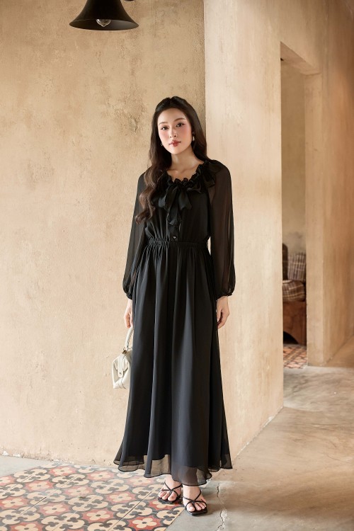 Black Chiffon Flared Dress