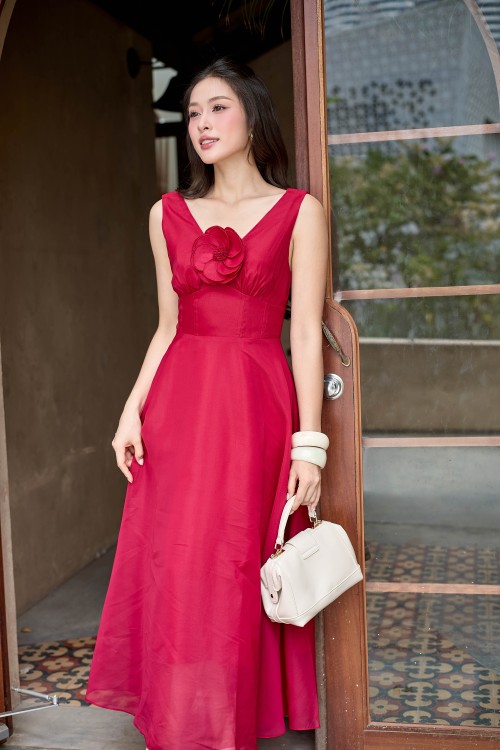 Red Organza Flared Dress With Flower